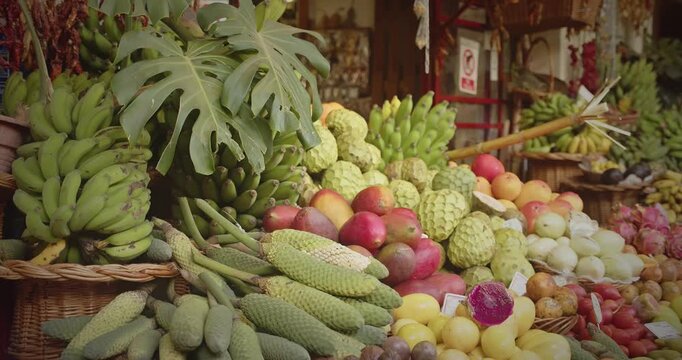 Close-up shot of exotic and tropical fruits at the famous Lavradores Market