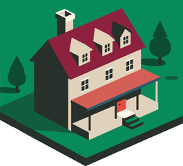 Vibrant colorful house with green garden and blue sky illustration