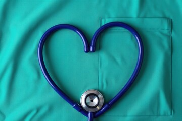 Blue stethoscope forms a heart shape on teal medical scrubs symbolizing care