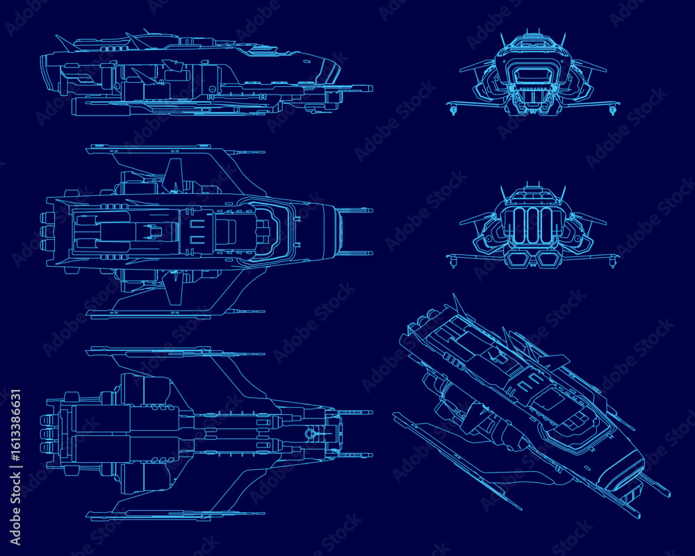 Poster a futuristic fighter spaceship blueprint displays intricate contours and detailed components on a vi