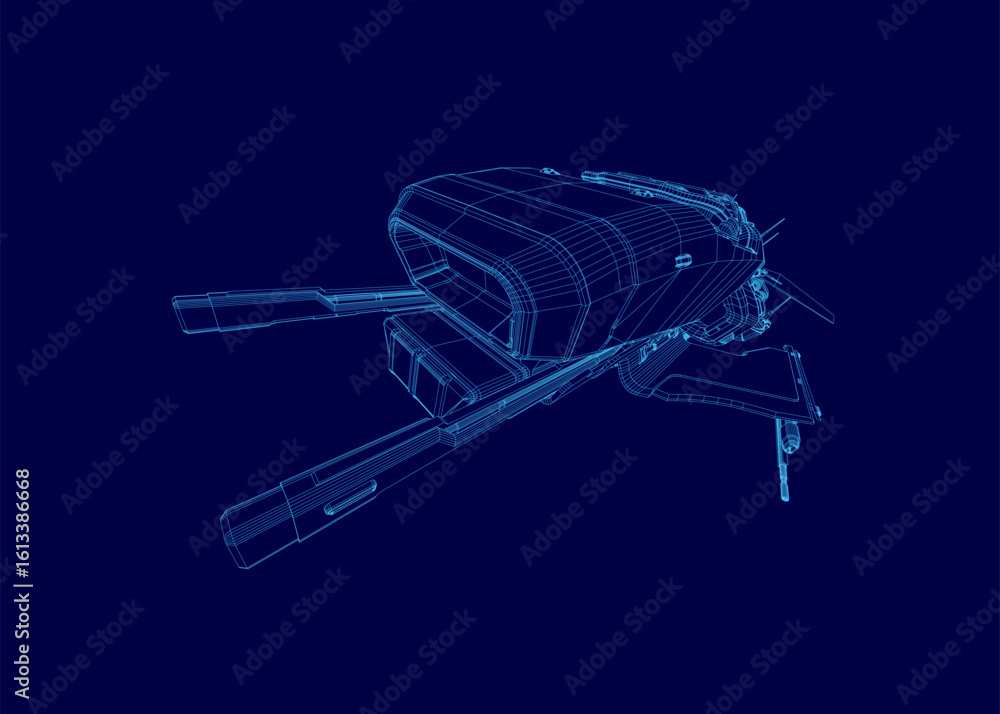 Poster a sleek fighter spaceship blueprint in 3d wireframe model features intricate lines and curves on a v