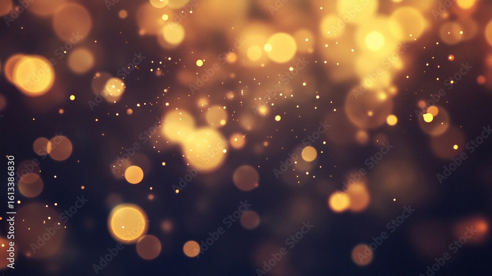Poster glowing golden bokeh particles scattered over a dark background, creating a festive and warm light e