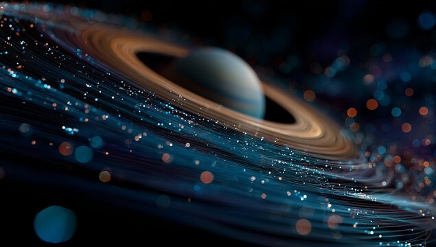  Abstract background with optical fibers, detailed illustration of the planet Saturn, concept on an abstract digital technology background with many small glowing dots in motion. 8K, ultra-high detail