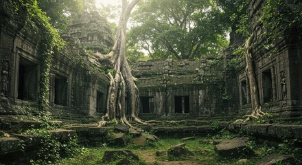Ancient stone structures overgrown with jungle foliage.
