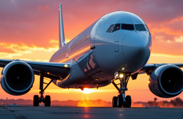 Fototapeta na wymiar A commercial airplane taxiing on runway during vibrant sunset sky