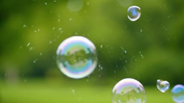 Bubbles float against a blurred green backdrop displaying iridescence and reflection