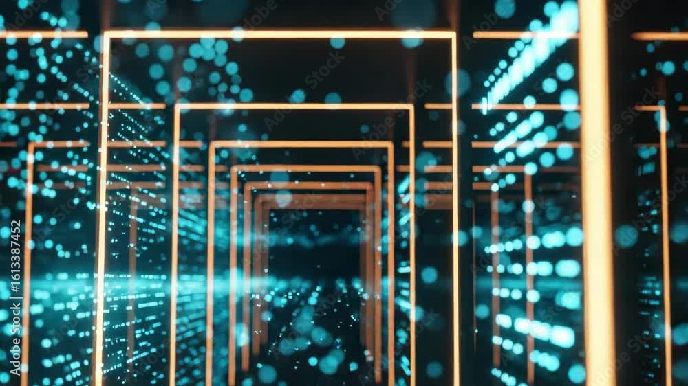 Poster a mesmerizing digital tunnel filled with glowing blue particles and illuminated orange frames creati