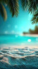 Tropical beach with palm leaves and blurred sea