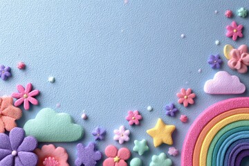 Colorful 3D fantasy background with flowers and sun