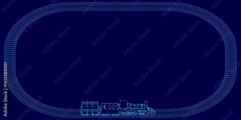 Aufkleber a toy train blueprint on a blue background features crisp white outlines of rails and detailed compo