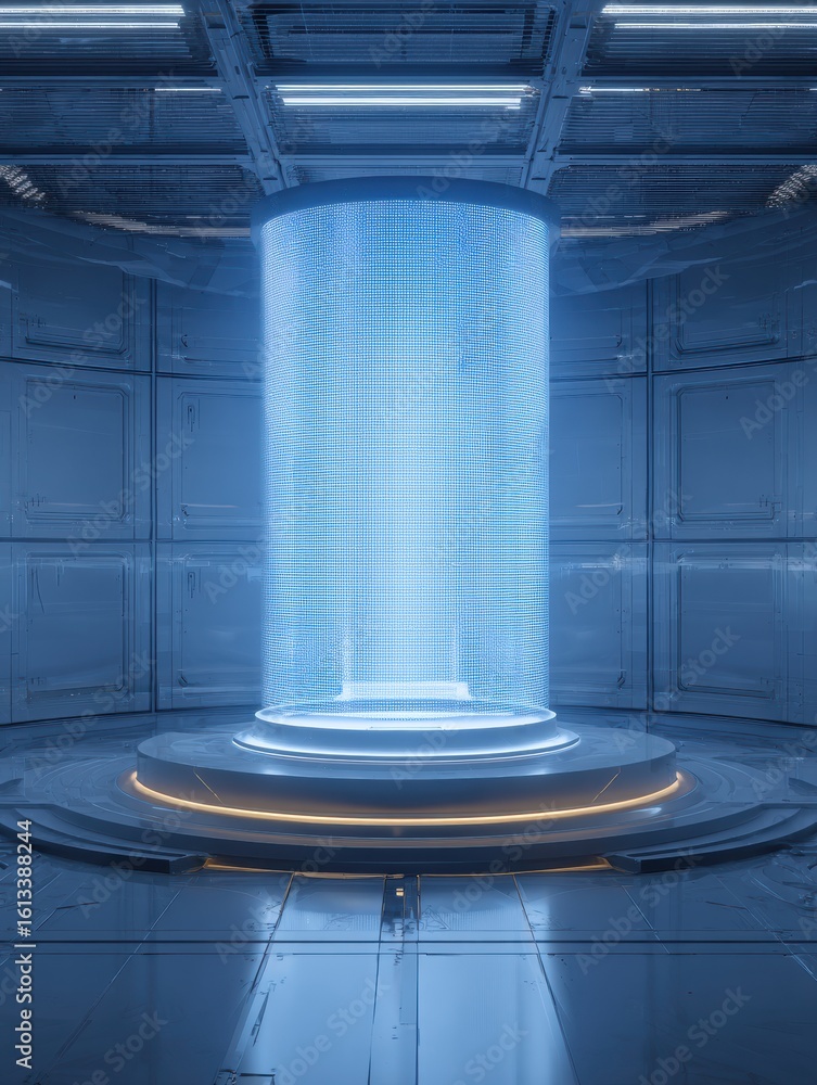 Poster holographic screen displays rotating 3d product on futuristic stand with customizable slogan area