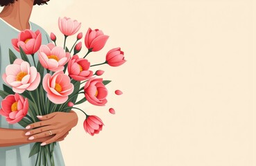 Woman holding a bouquet of pink tulips with a blank space for text