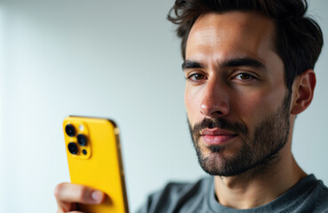 Man using yellow smartphone with focused expression on a neutral background