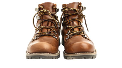 A pair of brown leather hiking boots with laces tied in front against a solid dark setting view
