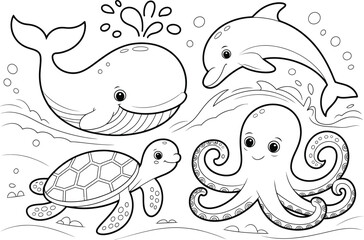 Line art of whale dolphin turtle and octopus in an underwater environment