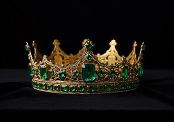 A crown of glowing green emeralds resting on a dramatic antique velvet cushion