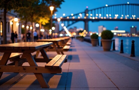 Empty outdoor park with wooden benches along a waterfront promenade at dusk with city skyline and illuminated bridge in background