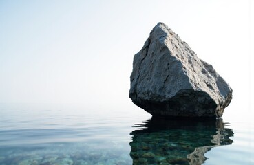 A large rock floating on calm, clear water with a bright sky in the background