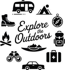 Illustration of explore the outdoors with camping and travel icons around