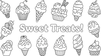 Black and white line art illustration of various sweet treats and desserts