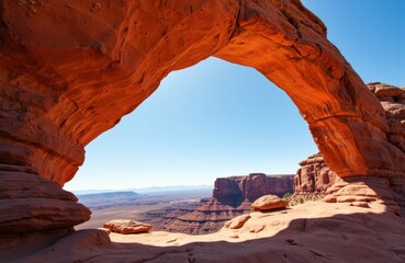 Natural sandstone arch framing a desert landscape with clear blue sky and distant mesas