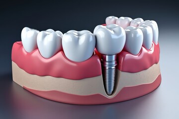 Detailed dental implant model showing a titanium post and a porcelain crown