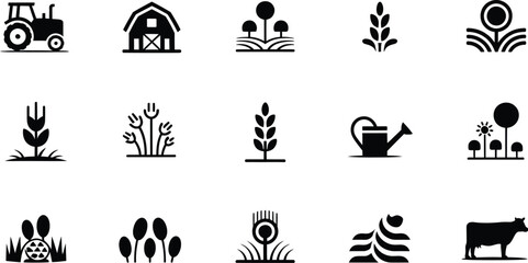 Collection of black and white farm and agriculture related vector icons