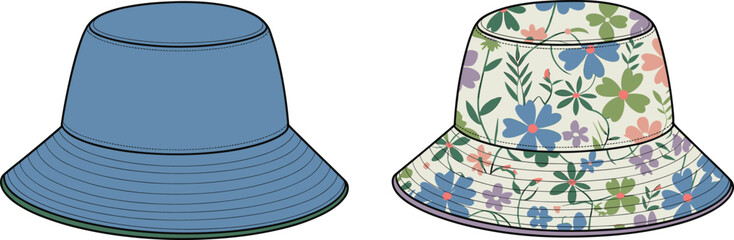 CAD drawing flat vector illustration of two bucket hats, one plain and one floral print, summer fashion accessory design mockup © Md Rofequl Islam