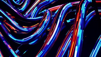 Complement palette curved tubes glowing alternating indigo scarlet weaving stripe structures that flash neon a symmetrical four K loop ideal immersive festival backdrops modern dance - Powered by Adobe