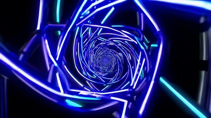 Guide audience through hypnotic neon blue ring maze shimmering coils pulsate forming complex optical tunnels four K perfect night club VJ sets science museum installations glitch art - Powered by Adobe