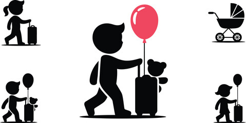 Illustration of children with luggage, balloons, and a baby stroller icon
