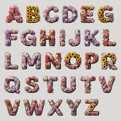 Flower Alphabet Letters, Realistic Floral Typeface

