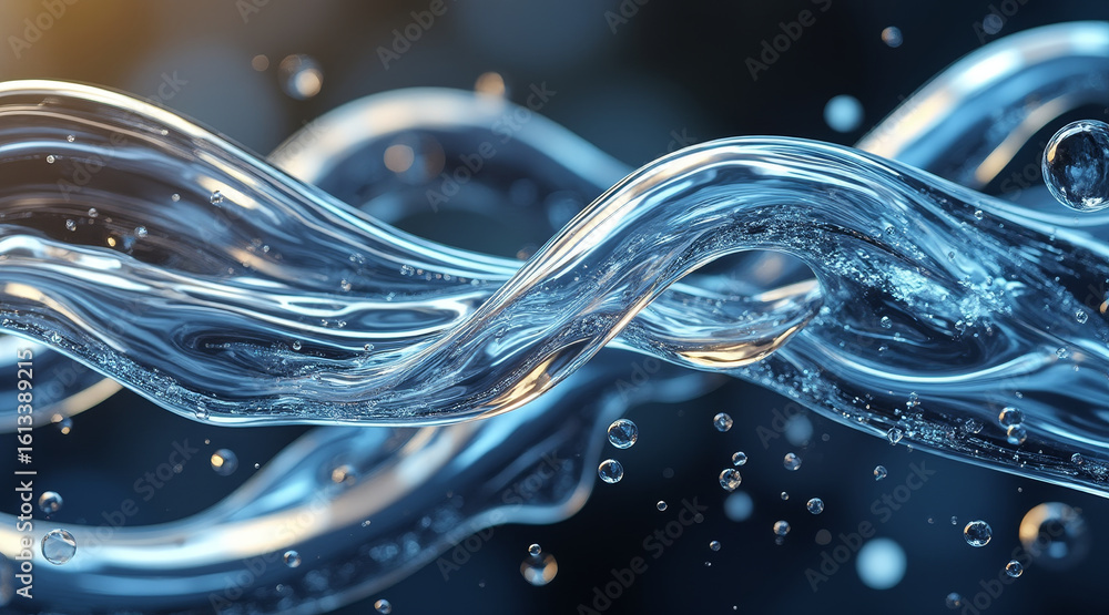 Poster clear and flowing liquid creates mesmerizing visual with bubbles and reflections, evoking sense of t