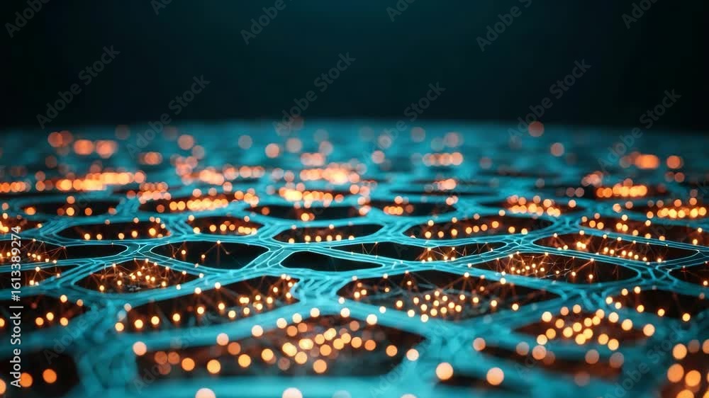 Poster a mesmerizing close-up view of a glowing hexagonal network illuminated by vibrant orange lights agai