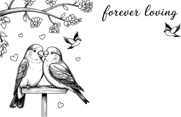 Two birds perched on a stand with hearts and forever loving text above them