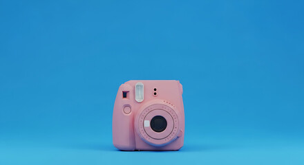 Pink instant camera against a vibrant blue background.