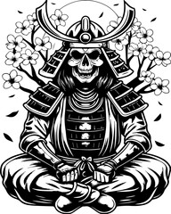 Fototapeta premium SVG of a samurai skull and skeleton in a powerful detailed tattoo style. Black and White Samurai Skull Figure Surrounded by Cherry Blossoms