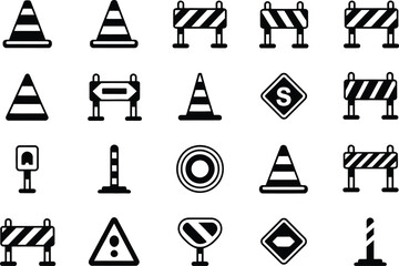 Illustration of various road work and traffic safety signs in black and white