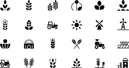 A collection of agriculture and farming related icons in black and white