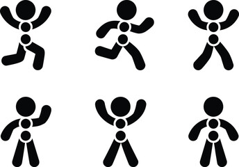 A set of six black stick figure icons depicting various poses and actions