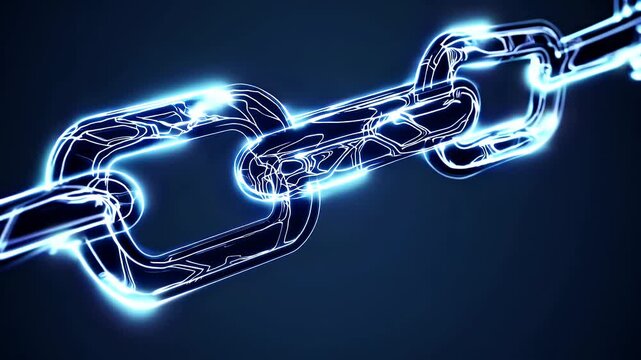 A high resolution 4K animated concept showing futuristic visualization blockchain structure where digital chains form complex patterns against deep blue tech inspired backdrop representing secure