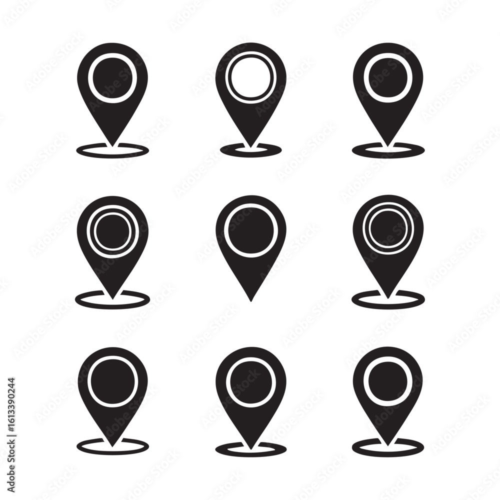Poster black location pin icons with circular outlines and solid centers map marker navigation
