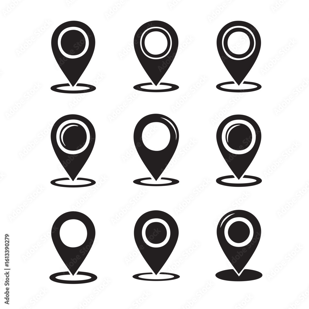 Poster black location pin icons with concentric circles and base rings map marker navigation