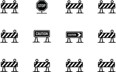 Illustration of road construction barriers and caution signs on gray background