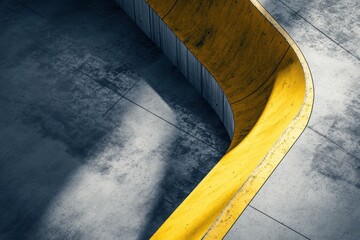 Dynamic curved skate park feature with vibrant yellow edge contrasted against textured gray concrete surface.