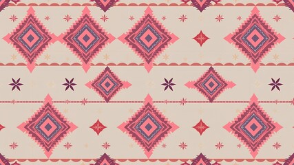Geometric pattern with diamonds and floral designs in pink and beige background color scheme