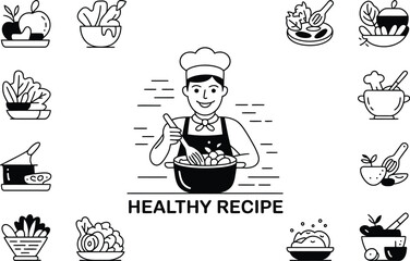 Chef cooking healthy recipe with salad and fruit in black and white line art