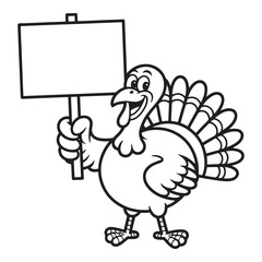 Thanksgiving Turkey Holding Sign Coloring Page – Festive Cartoon Turkey with Blank Signboard – Line Drawing for Holiday Messages or Classroom Use

