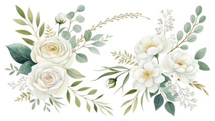 Watercolor floral illustration set - bouquets, frame, border. White flowers, rose, peony, gold green leaf branches collection. Wedding invites, wallpapers, fashion. Eucalyptus olive leaves chamomile.