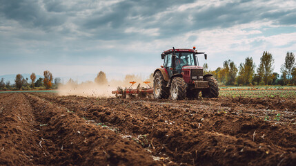 Fototapeta premium A tractor plowing the field on a cloudy day in the country